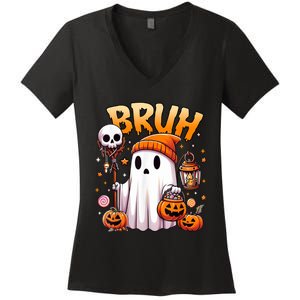 Bruh Ghost Halloween Cute Ghost Trick Or Treat Candy Women's V-Neck T-Shirt