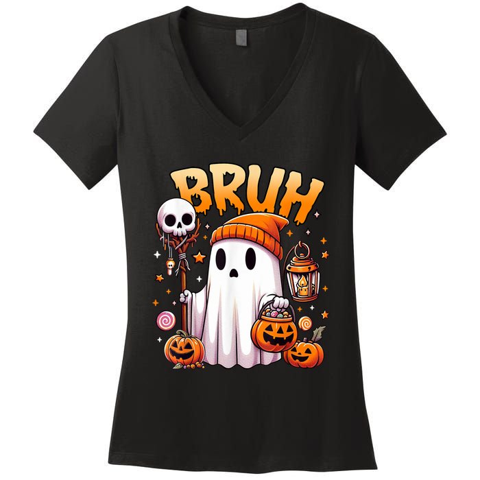 Bruh Ghost Halloween Cute Ghost Trick Or Treat Candy Women's V-Neck T-Shirt