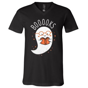 Booooks Ghost Halloween Teacher Book Library Reading V-Neck T-Shirt