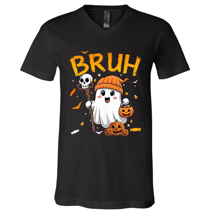 Bruh Ghost Halloween Cute Ghost Candy Funny Halloween V-Neck T-Shirt