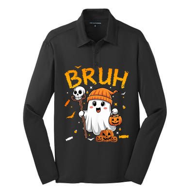 Bruh Ghost Halloween Cute Ghost Candy Funny Halloween Silk Touch Performance Long Sleeve Polo