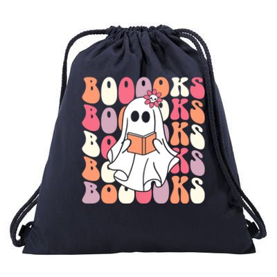 Booooks Ghost Halloween Groovy Vintage Teacher Book Reading Gift Drawstring Bag