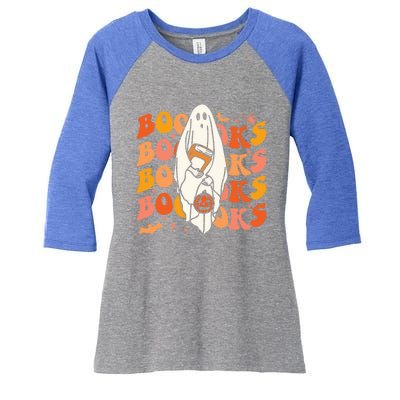 Booooks Ghost Halloween Groovy Vintage Teacher Book Reading Gift Women's Tri-Blend 3/4-Sleeve Raglan Shirt