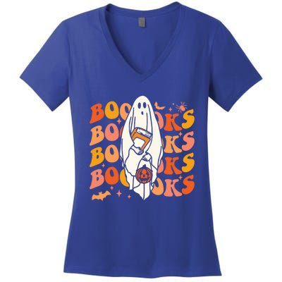 Booooks Ghost Halloween Groovy Vintage Teacher Book Reading Gift Women's V-Neck T-Shirt