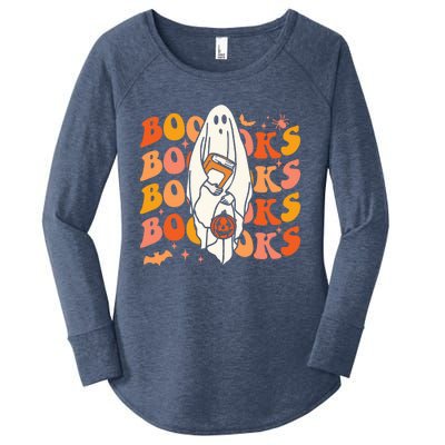 Booooks Ghost Halloween Groovy Vintage Teacher Book Reading Gift Women's Perfect Tri Tunic Long Sleeve Shirt