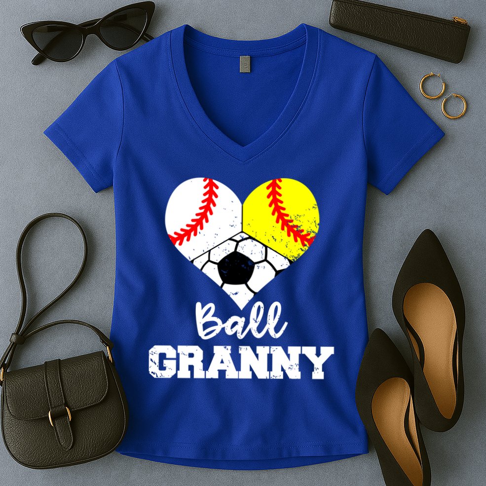 Ball Granny Heart Funny Baseball Softball Soccer Granny Gift Women's V-Neck T-Shirt