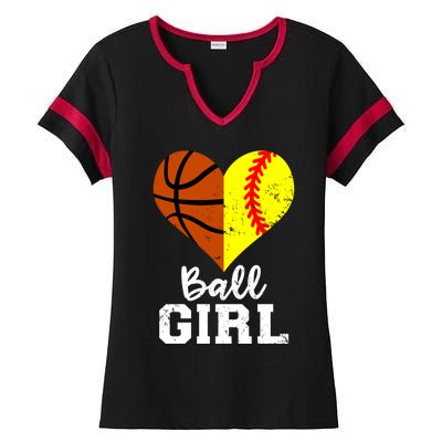 Ball Girl Heart Funny Softball Basketball Girl Ladies Halftime Notch Neck Tee