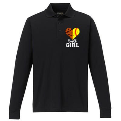 Ball Girl Heart Funny Softball Basketball Girl Performance Long Sleeve Polo