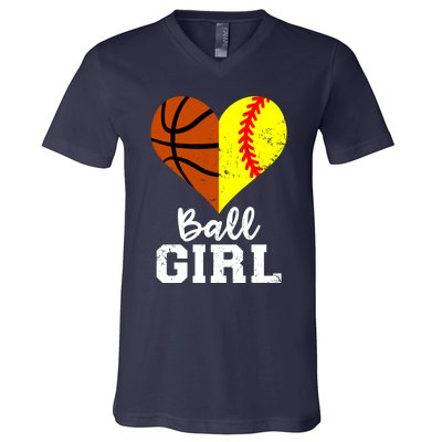 Ball Girl Heart Funny Softball Basketball Girl V-Neck T-Shirt