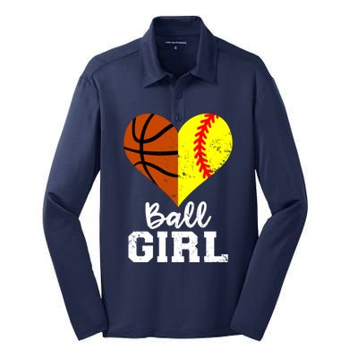 Ball Girl Heart Funny Softball Basketball Girl Silk Touch Performance Long Sleeve Polo