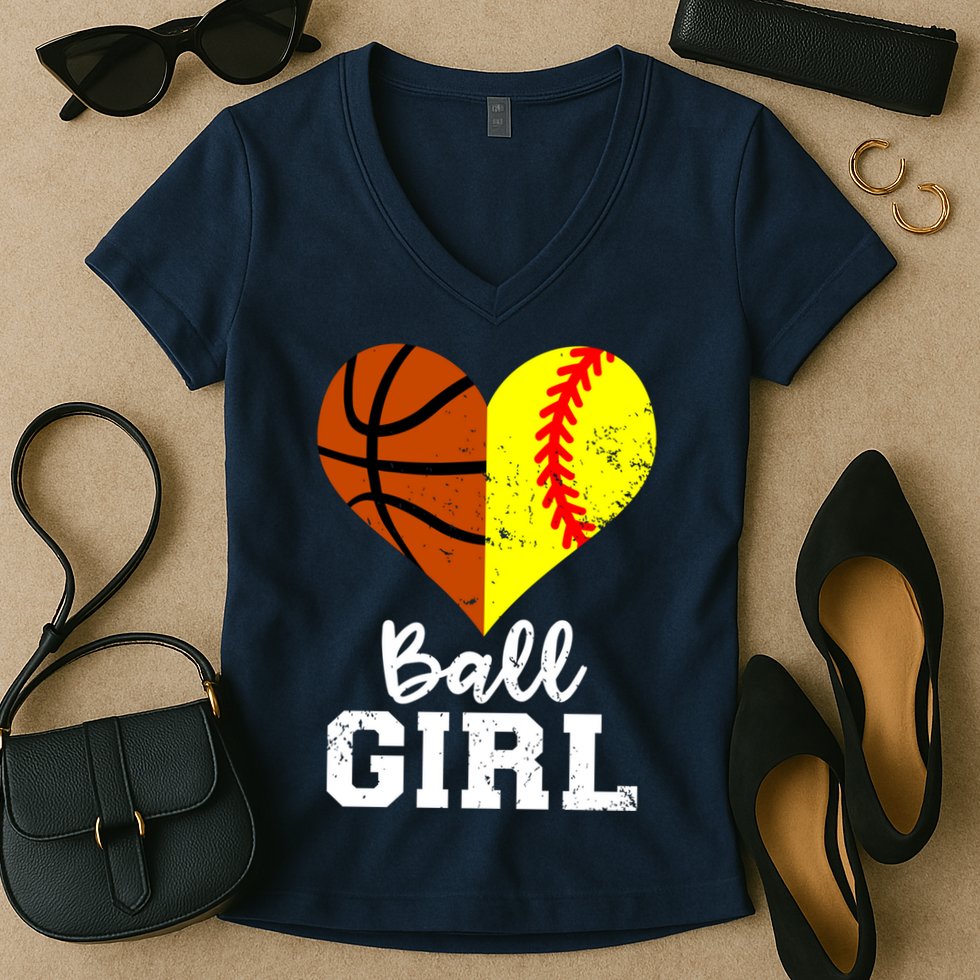 Ball Girl Heart Funny Softball Basketball Girl Women's V-Neck T-Shirt