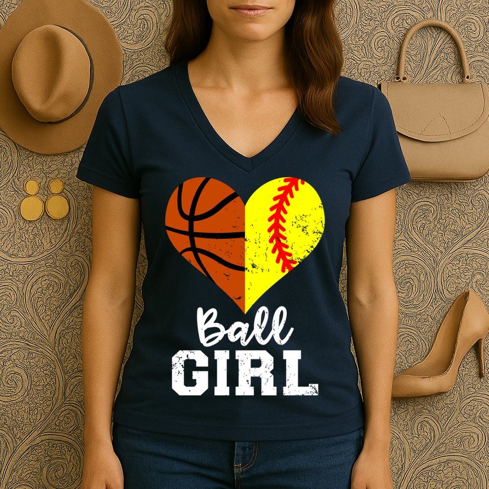 Ball Girl Heart Funny Softball Basketball Girl Women's V-Neck T-Shirt