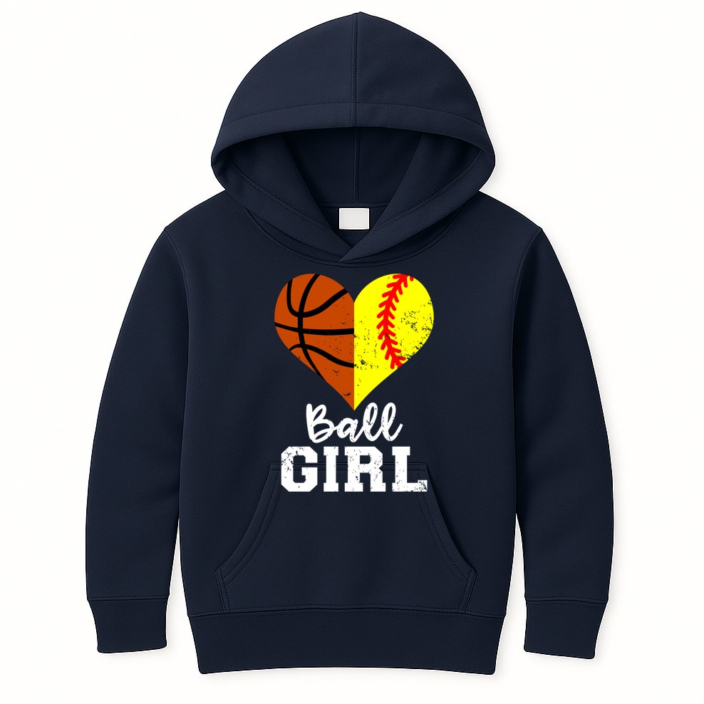 Ball Girl Heart Funny Softball Basketball Girl Kids Hoodie