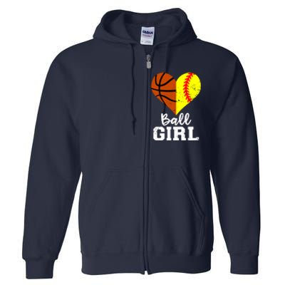 Ball Girl Heart Funny Softball Basketball Girl Full Zip Hoodie