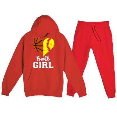 Ball Girl Heart Funny Softball Basketball Girl Premium Hooded Sweatsuit Set