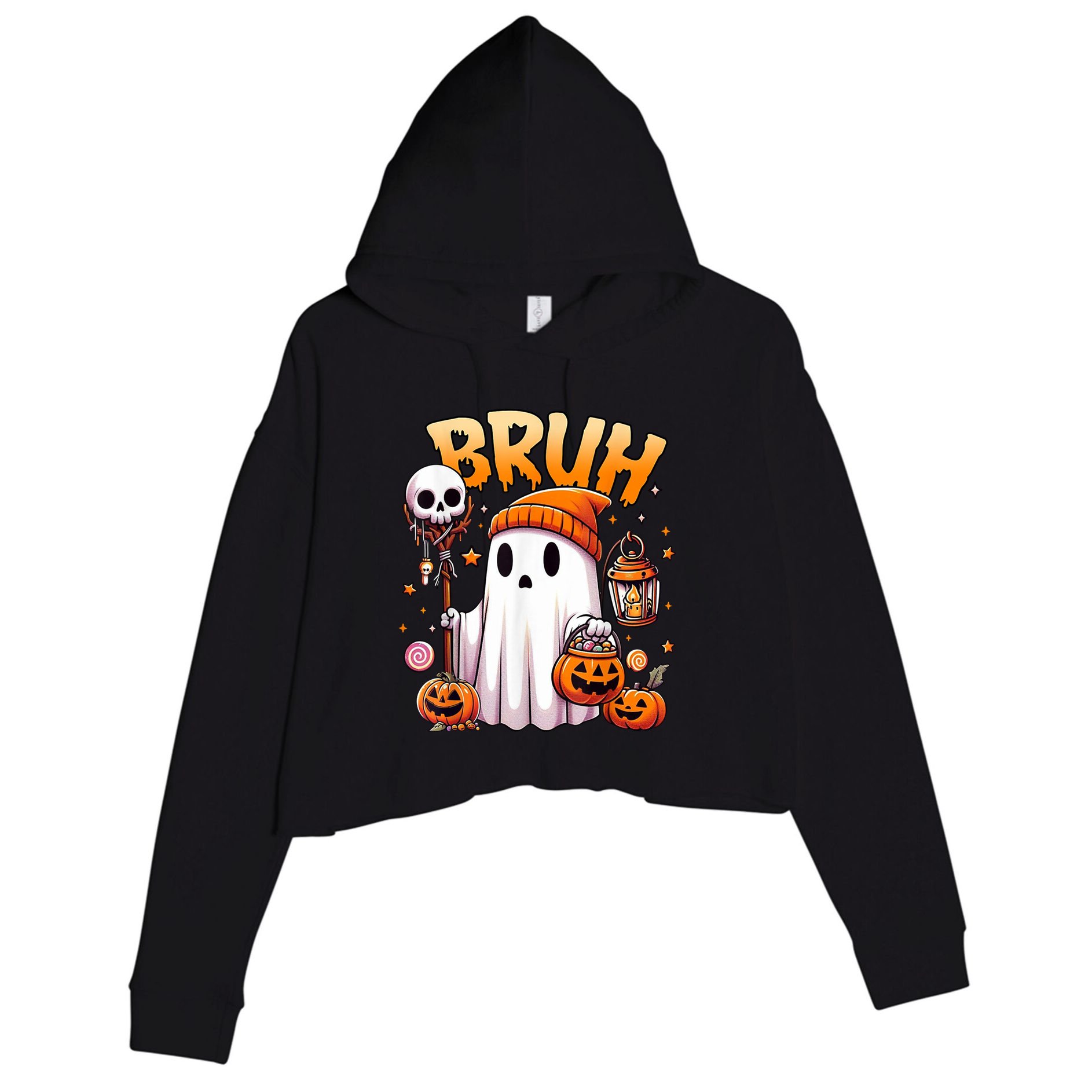 Bruh Ghost Halloween Cute Ghost Trick Or Treat Crop Fleece Hoodie