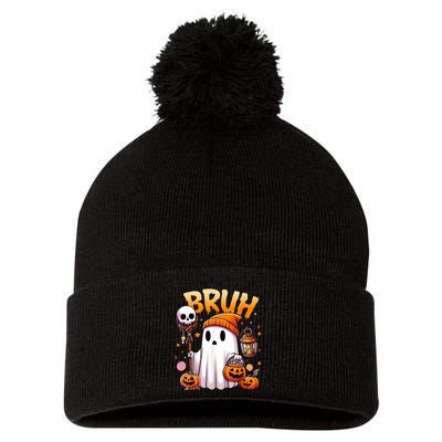 Bruh Ghost Halloween Cute Ghost Trick Or Treat Pom Pom 12in Knit Beanie