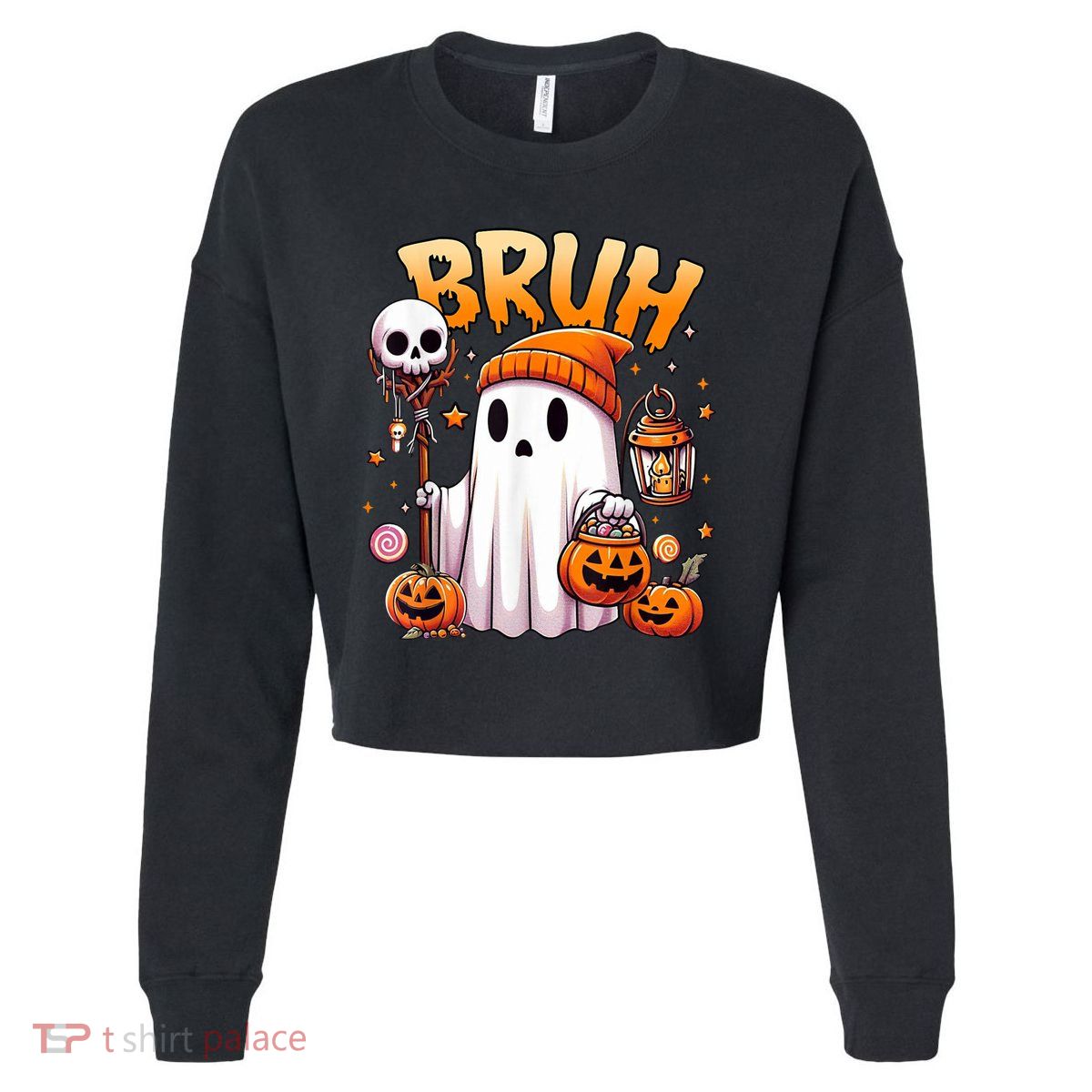 Bruh Ghost Halloween Cute Ghost Trick Or Treat Cropped Pullover Crew