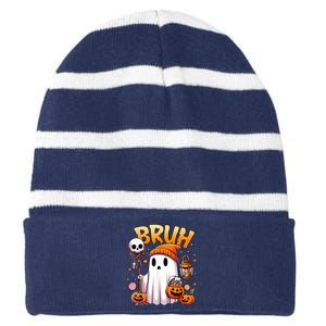 Bruh Ghost Halloween Cute Ghost Trick Or Treat Striped Beanie with Solid Band