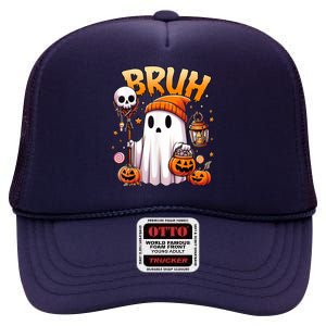 Bruh Ghost Halloween Cute Ghost Trick Or Treat High Crown Mesh Back Trucker Hat