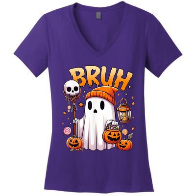 Bruh Ghost Halloween Cute Ghost Trick Or Treat Women's V-Neck T-Shirt