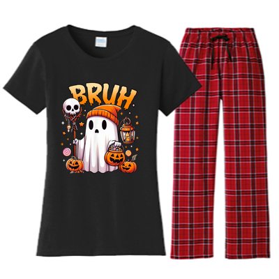 Bruh Ghost Halloween Cute Ghost Trick Or Treat Candy Women's Flannel Pajama Set