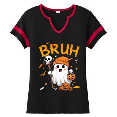 Bruh Ghost Halloween Cute Ghost Candy Funny Halloween Ladies Halftime Notch Neck Tee