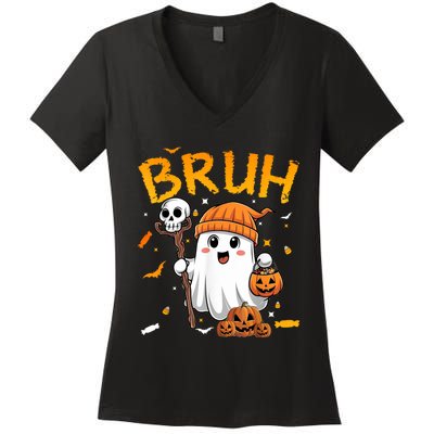 Bruh Ghost Halloween Cute Ghost Candy Funny Halloween Women's V-Neck T-Shirt