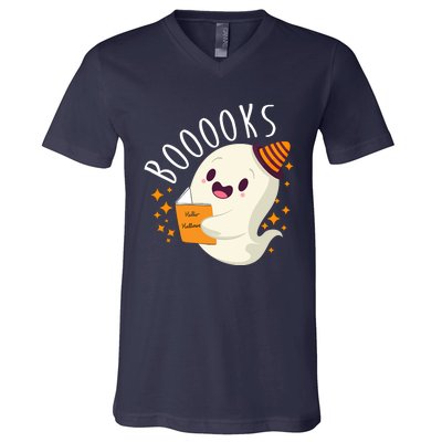 Books Ghost Halloween Cute Funny V-Neck T-Shirt