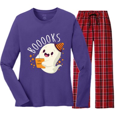 Books Ghost Halloween Cute Funny Women's Long Sleeve Flannel Pajama Set 