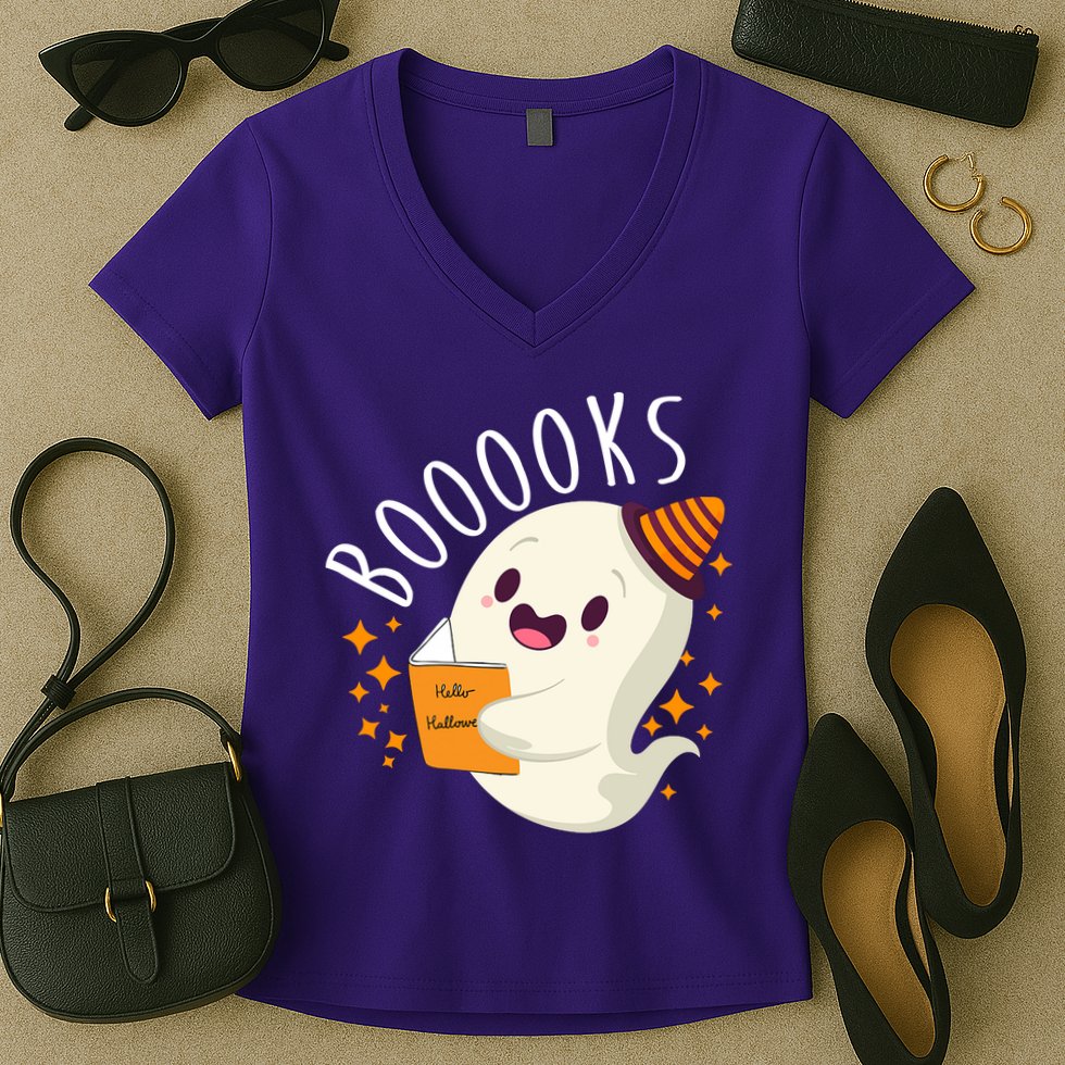Books Ghost Halloween Cute Funny Women's V-Neck T-Shirt
