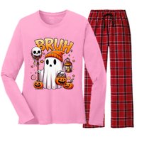 Bruh Ghost Halloween Cute Ghost Trick Or Treat Candy Women's Long Sleeve Flannel Pajama Set 