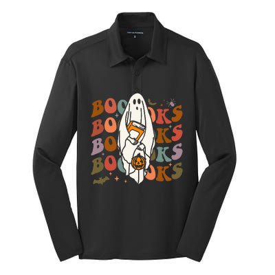 Booooks Ghost Halloween Groovy Vintage Teacher Book Reading Silk Touch Performance Long Sleeve Polo