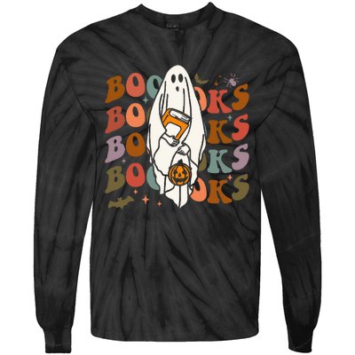 Booooks Ghost Halloween Groovy Vintage Teacher Book Reading Tie-Dye Long Sleeve Shirt