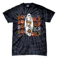 Booooks Ghost Halloween Groovy Vintage Teacher Book Reading Tie-Dye T-Shirt