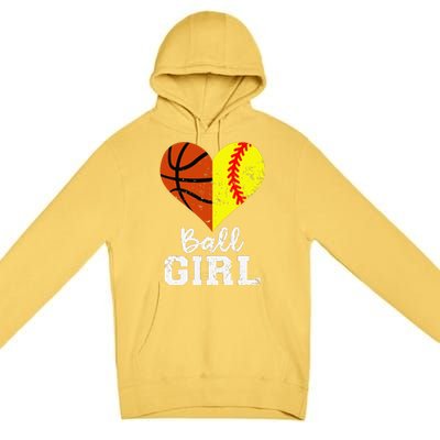 Ball Girl Heart Funny Softball Basketball Girl Premium Pullover Hoodie