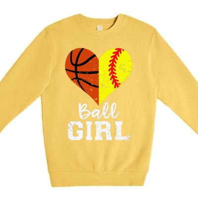 Ball Girl Heart Funny Softball Basketball Girl Premium Crewneck Sweatshirt