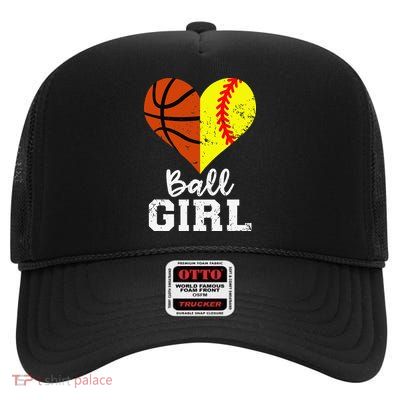 Ball Girl Heart Funny Softball Basketball Girl High Crown Mesh Back Trucker Hat
