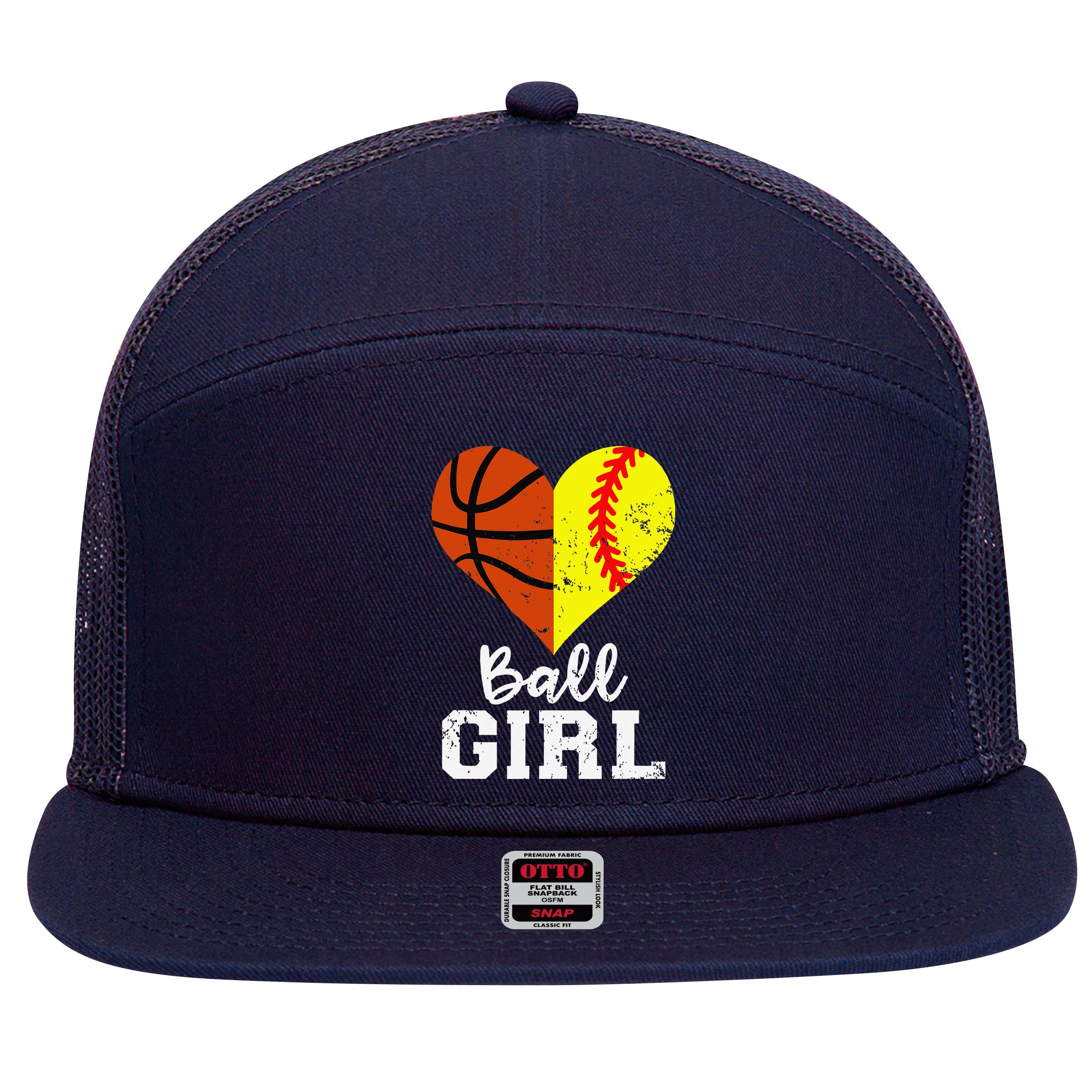 Ball Girl Heart Funny Softball Basketball Girl 7 Panel Mesh Trucker Snapback Hat