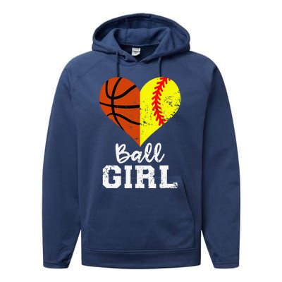 Ball Girl Heart Funny Softball Basketball Girl Performance Fleece Hoodie