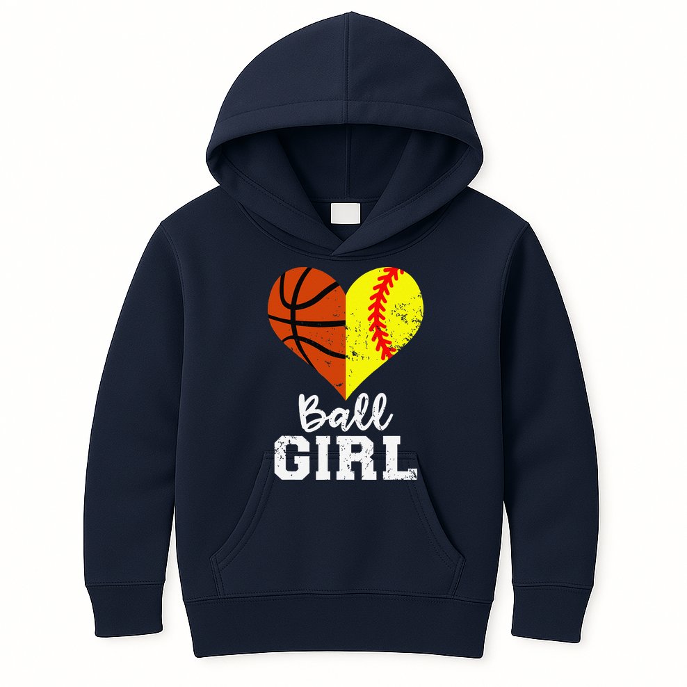 Ball Girl Heart Funny Softball Basketball Girl Kids Hoodie