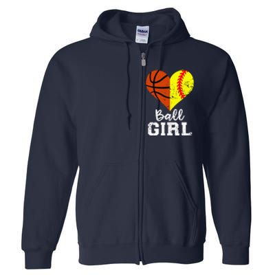 Ball Girl Heart Funny Softball Basketball Girl Full Zip Hoodie