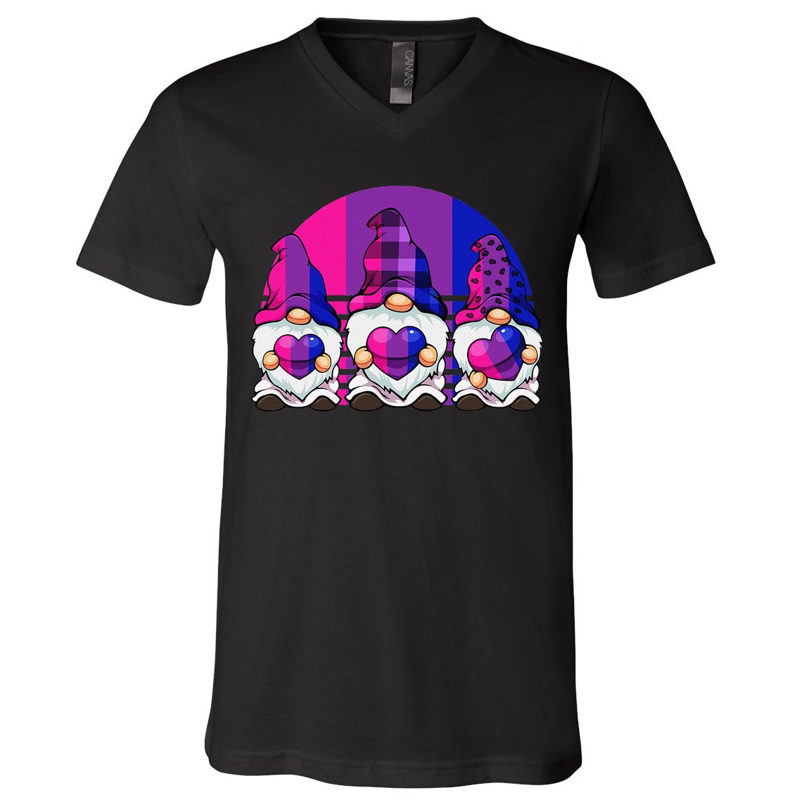 Bisexual Gnome Hearts LGBTQ Retro Subtle Bi Pride Flag V-Neck T-Shirt