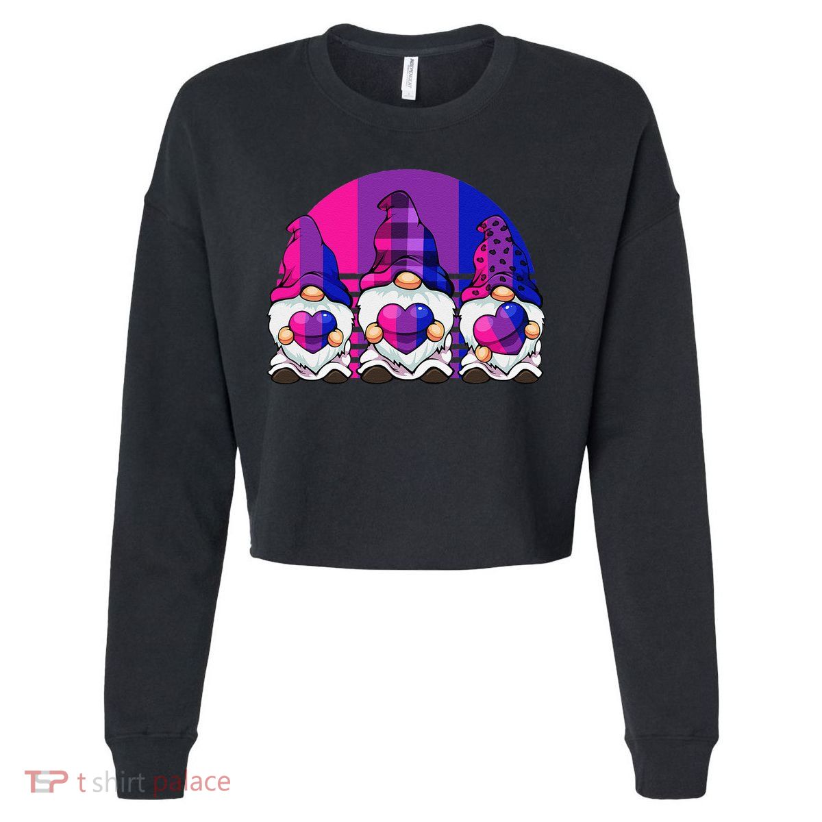 Bisexual Gnome Hearts LGBTQ Retro Subtle Bi Pride Flag Cropped Pullover Crew