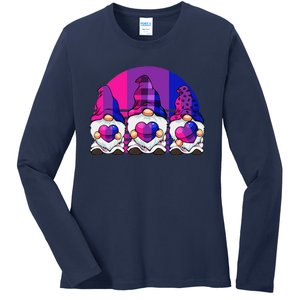 Bisexual Gnome Hearts LGBTQ Retro Subtle Bi Pride Flag Ladies Long Sleeve Shirt