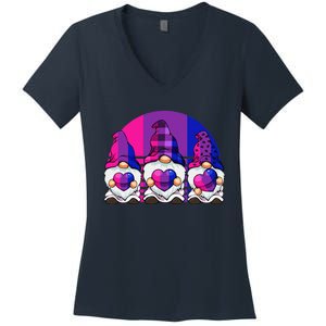 Bisexual Gnome Hearts LGBTQ Retro Subtle Bi Pride Flag Women's V-Neck T-Shirt