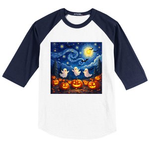 Boo Ghost Halloween Pumpkin Starry Night Van Gogh Baseball Sleeve Shirt