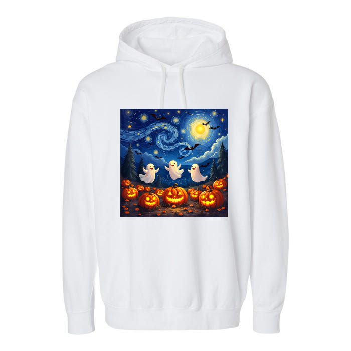 Boo Ghost Halloween Pumpkin Starry Night Van Gogh Garment-Dyed Fleece Hoodie