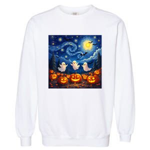 Boo Ghost Halloween Pumpkin Starry Night Van Gogh Garment-Dyed Sweatshirt