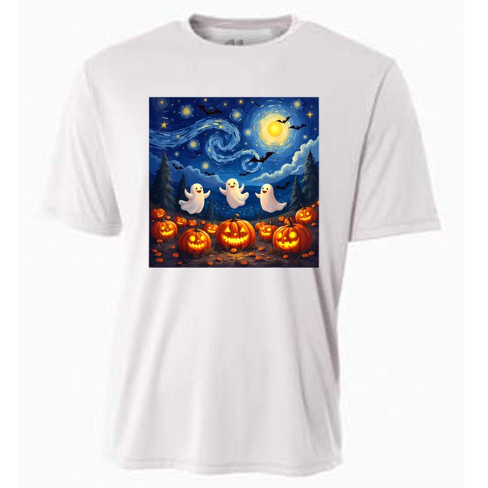 Boo Ghost Halloween Pumpkin Starry Night Van Gogh Cooling Performance Crew T-Shirt